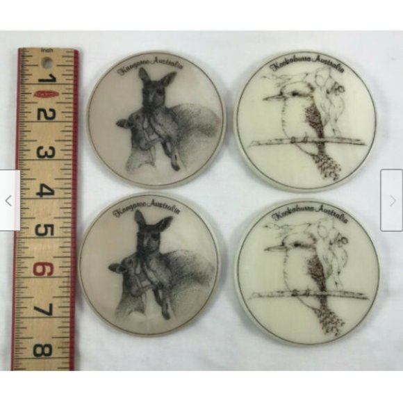 Vtg 4 Australian Marble Coasters A Leon 1988 Down Under Ware Kangaroo Kookaburra - Picture 7 of 7